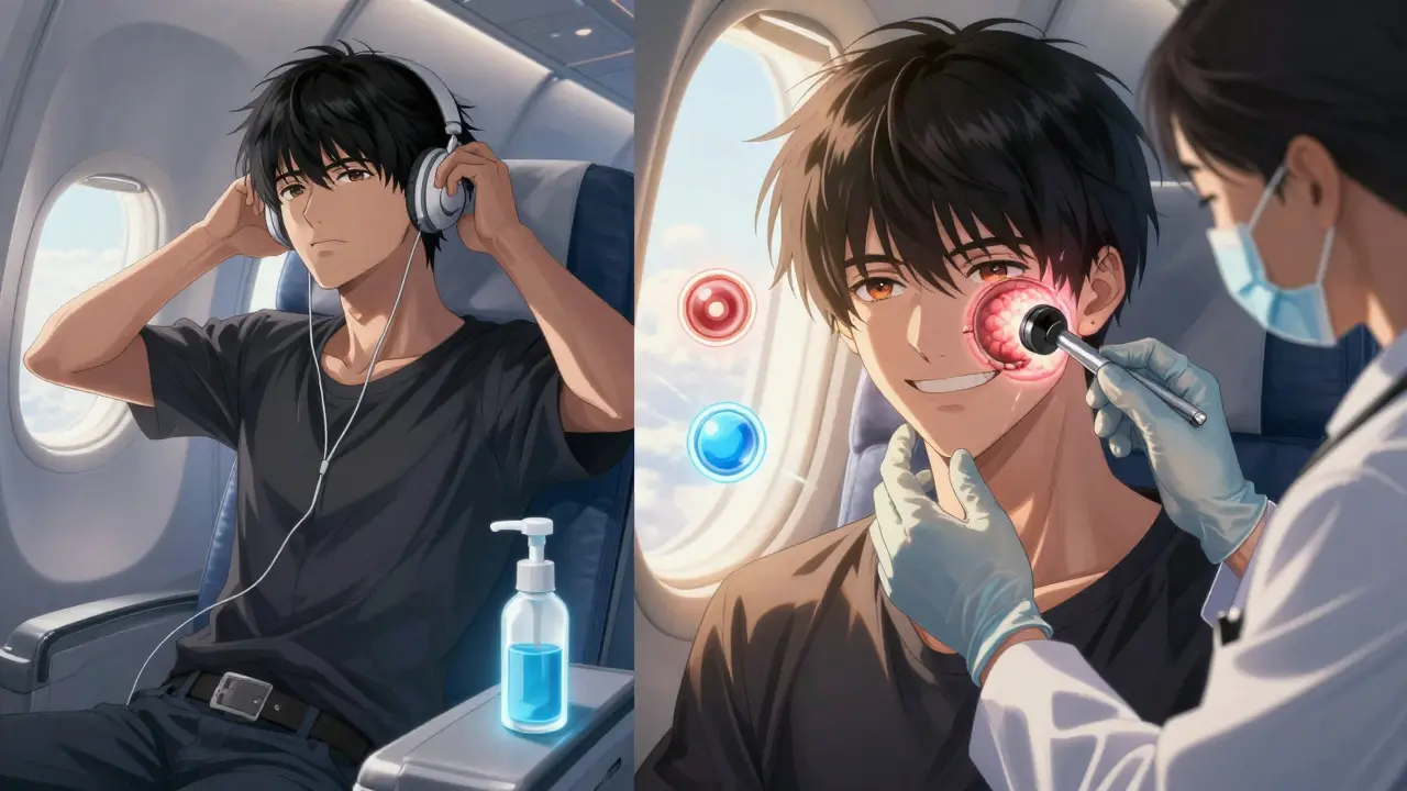 A before-and-after scene of a person recovering from a perforated eardrum, showing protection and successful healing.