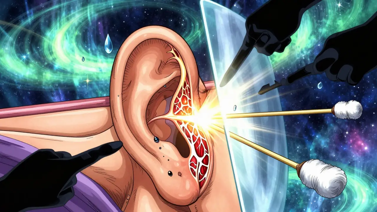 A glowing, healing eardrum with symbolic threats being repelled by an invisible shield, rendered in detailed anime style.