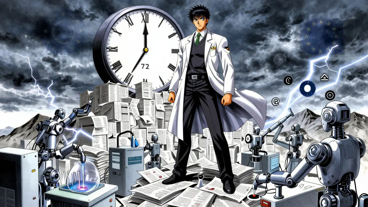 A heroic Qualified Person stands atop a fortress of data, overseeing automated drug testing under a stormy sky with EU and FDA symbols.