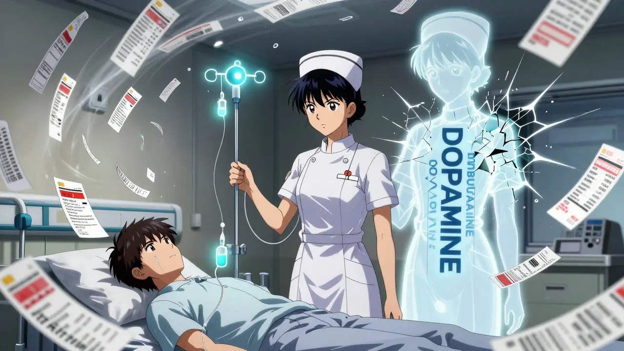 A nurse administers the wrong IV drug as a ghostly duplicate of the correct one fades beside her, with swirling prescription labels.