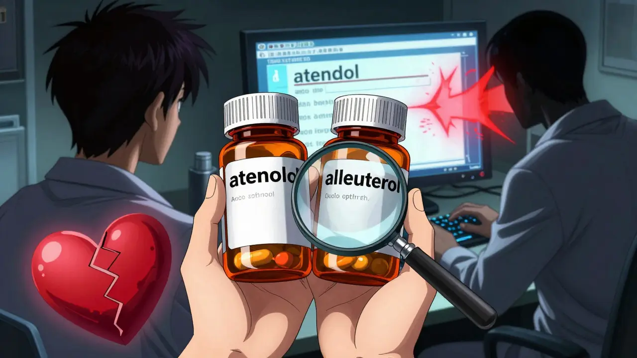 A patient examines nearly identical pill bottles under a magnifying glass while a doctor's typing error sparks red warnings.