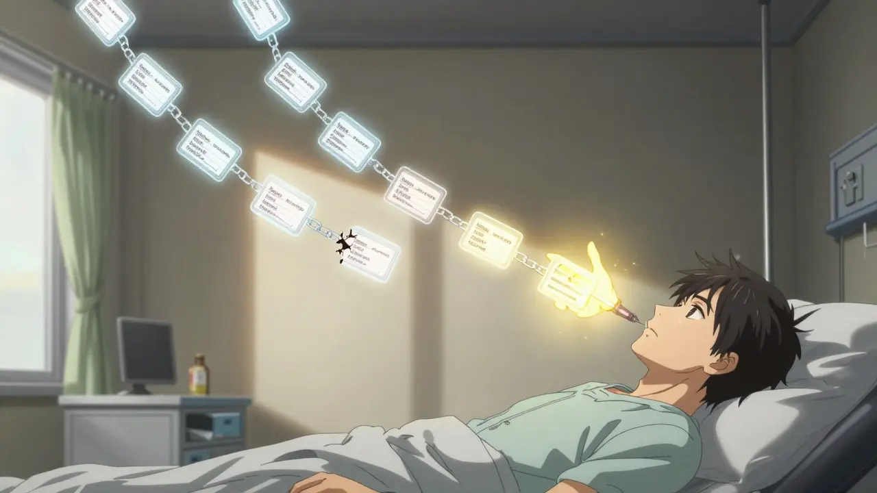 A patient receives an injection as a glowing chain of quality-tested batches spirals above them, one cracked link being repaired by golden light.