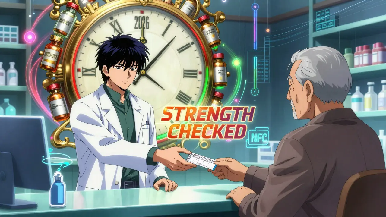 A pharmacist handing a prescription to an elderly patient, with color-coded medication borders and a futuristic clock in the background.