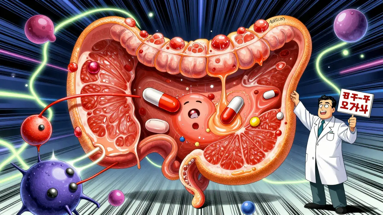 A surreal battle inside the gut between grapefruit juice and medication, with fat molecules aiding drug absorption.