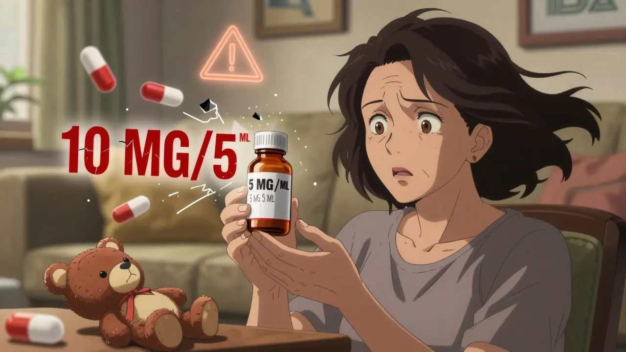 A woman staring in shock at a liquid medication label while a dangerous dosage error glows red beside it, with a child’s toy nearby.