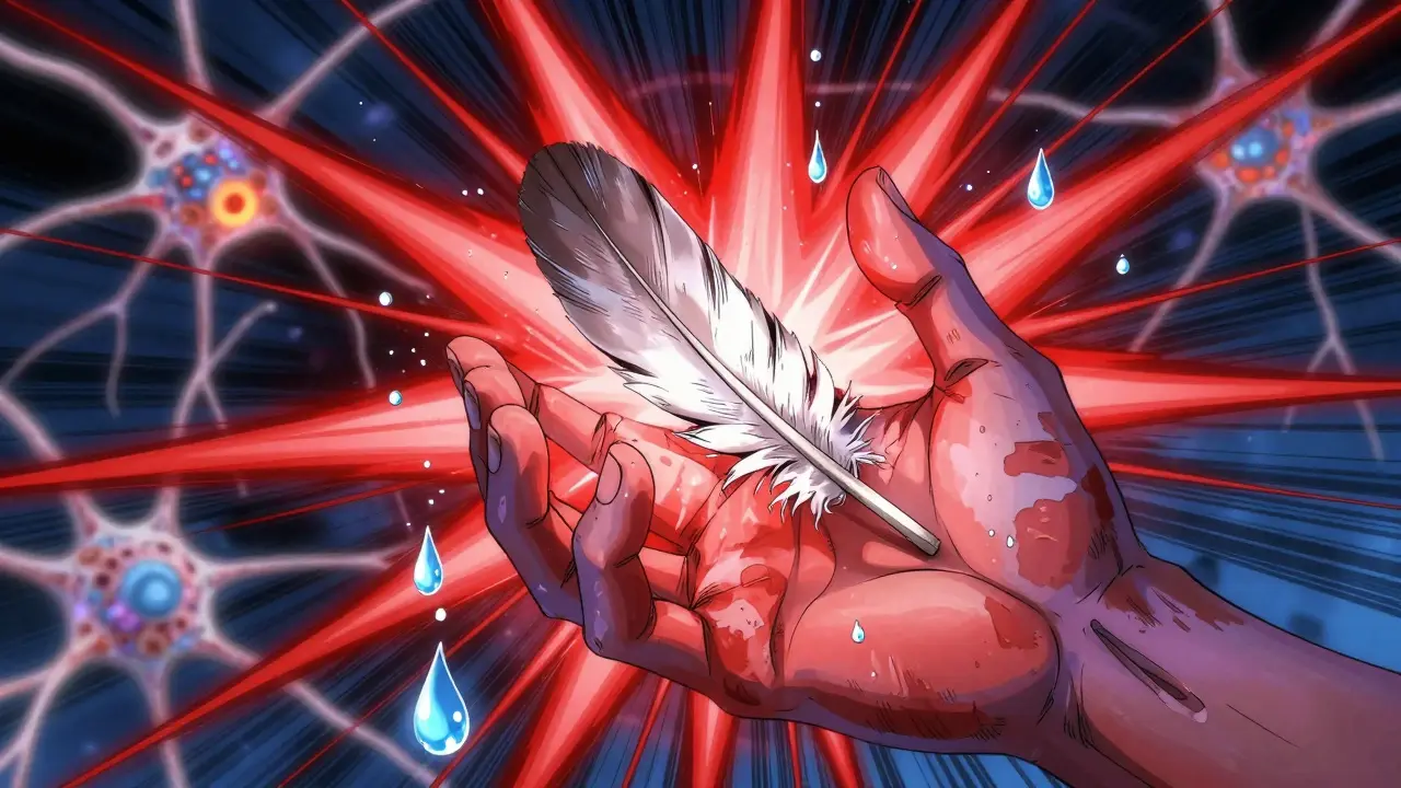 Close-up of a hand with patchy skin and a feather touching it, triggering a shockwave of red energy due to extreme sensitivity.