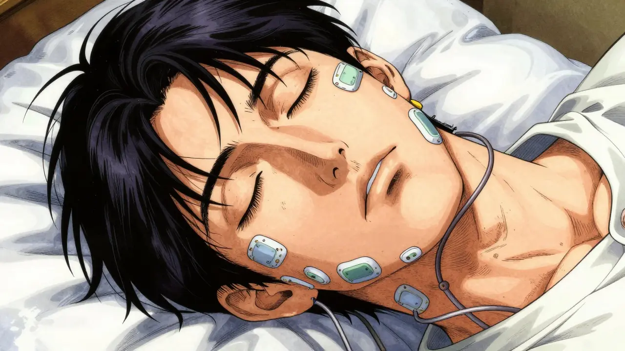 Close-up of face with sleep monitoring electrodes.