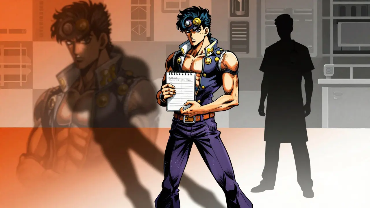 Determined patient standing before doctor holding a notebook.