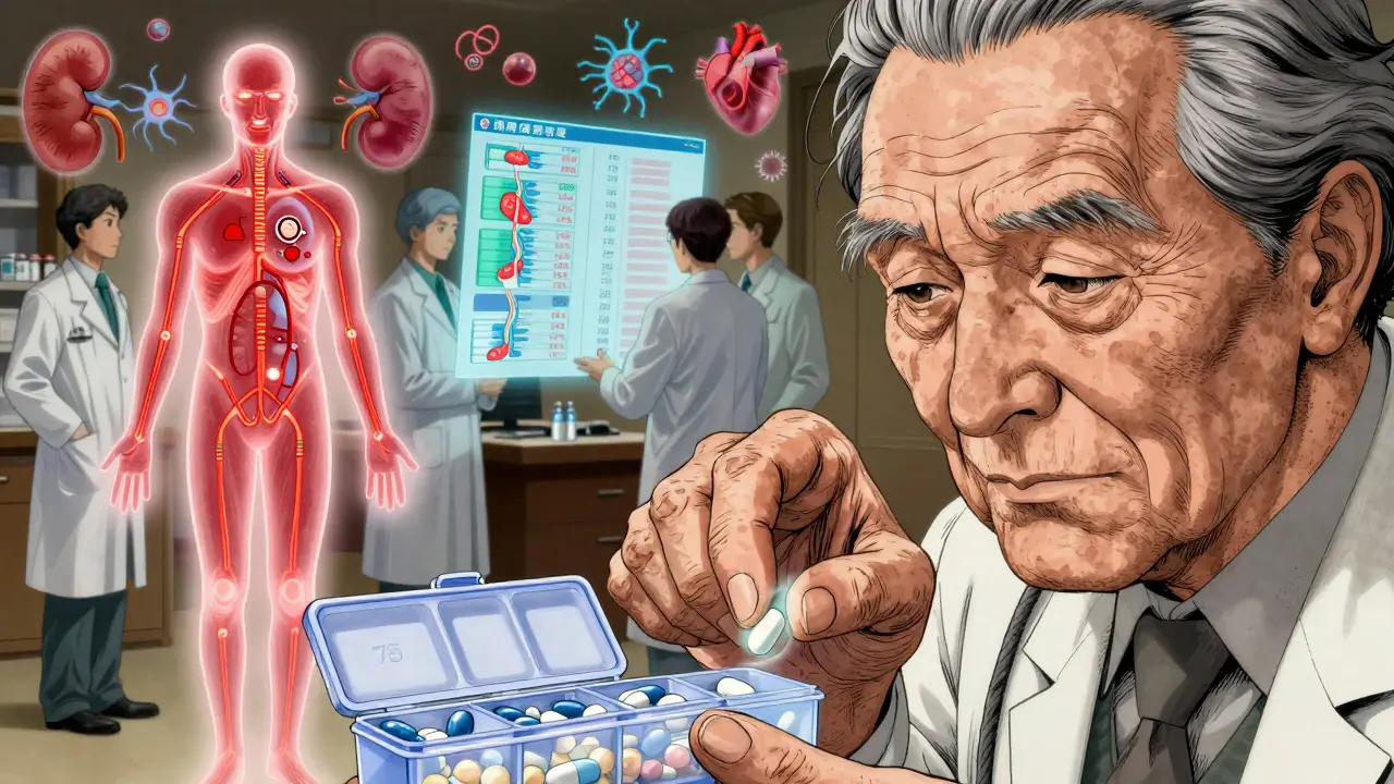 Elderly hand placing generic pill into organizer with metabolic pathway overlay in anime art style.