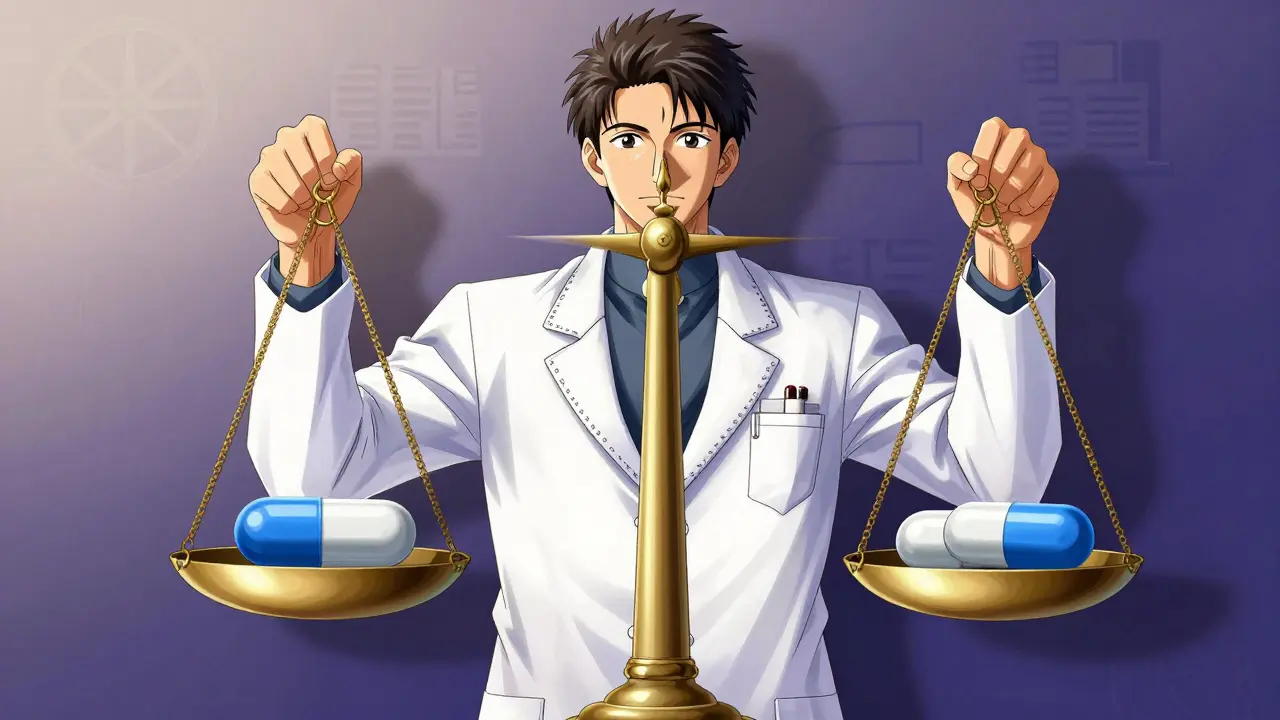 Medical professional balancing brand and generic pills equally during an examination scene.