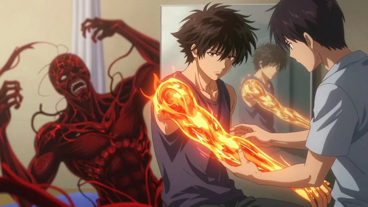 Person stretching their limb as golden light calms fiery pain, with a mirrored version of the limb glowing in the background.