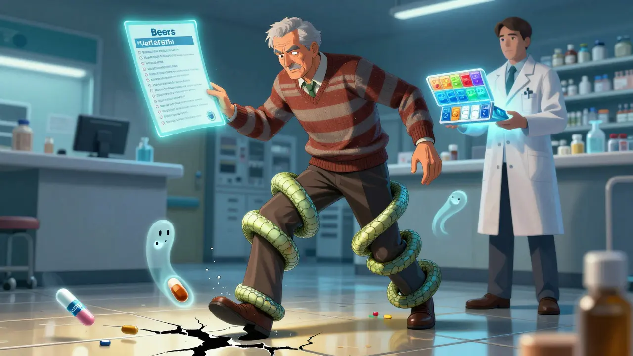 Senior man unsteady on floor as drug molecules pull him down, pharmacist holding pill organizer in background.