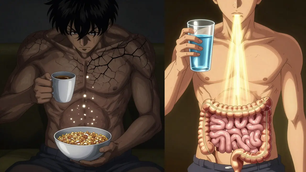 Side-by-side comparison of taking levothyroxine with food versus on an empty stomach, showing absorption differences.