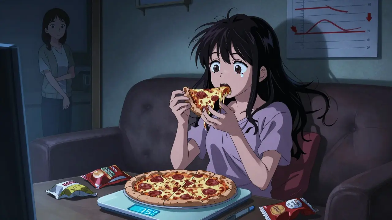 Teen eating pizza at midnight, digital scale showing weight loss, exhausted expression, surrounded by snack wrappers and medical chart.