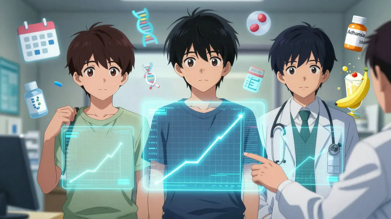 Three teens in doctor’s office with holographic growth charts, one rebounding, one declining, doctor offering support, medical icons floating around.