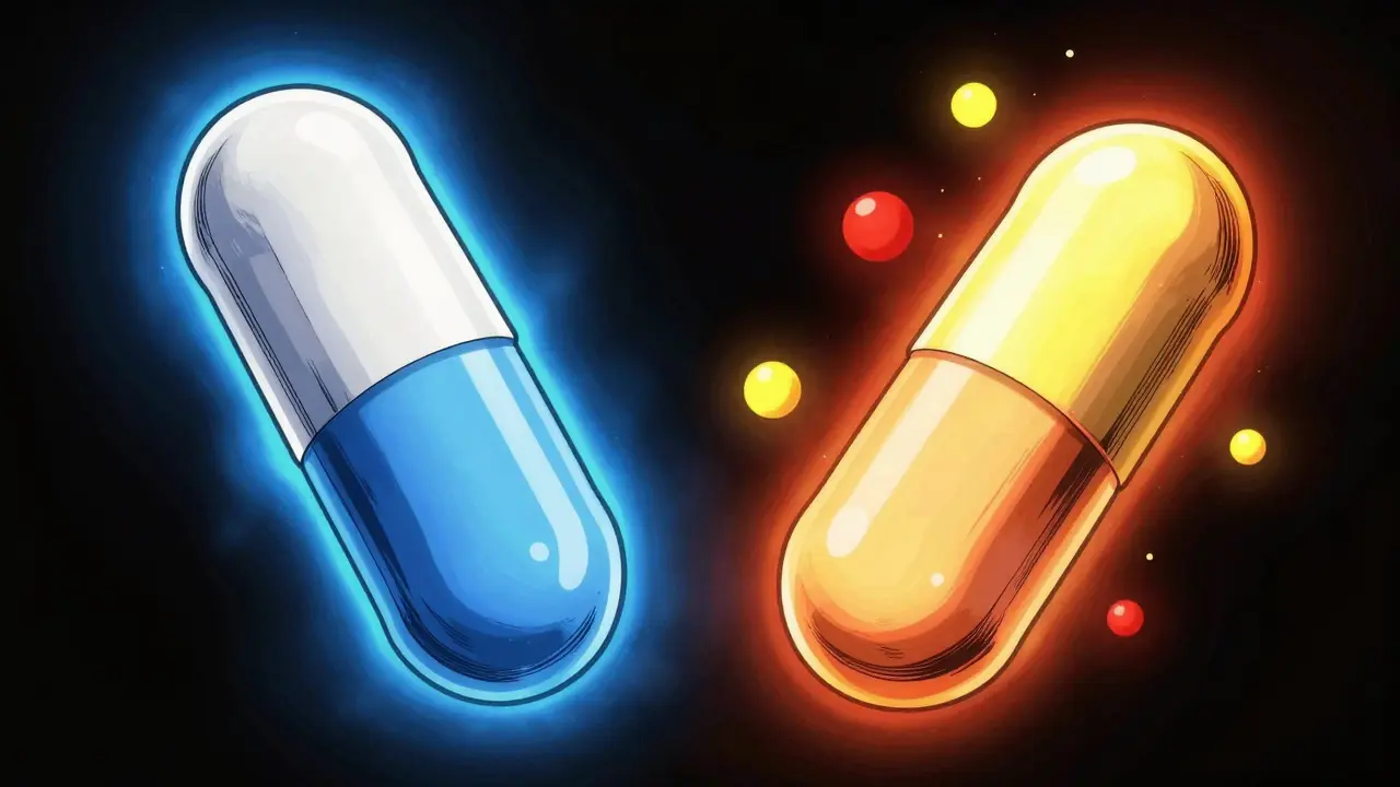 Two pills glowing with different colored particles inside a void.