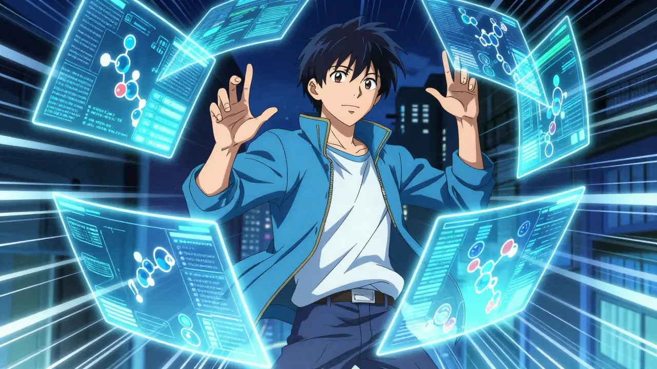 Young adult analyzing glowing health data projections with focused determination in anime style.