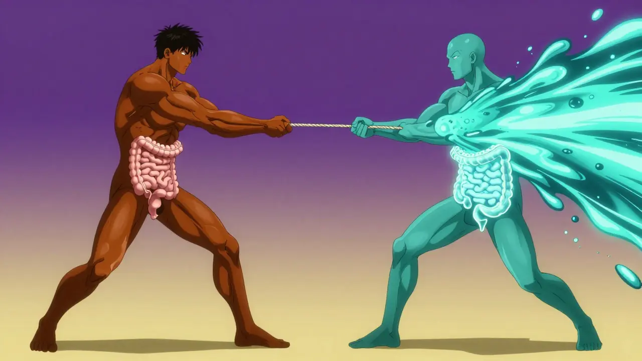 A conceptual tug-of-war depicting the gut as a rope between constipation and diarrhea in manga style.