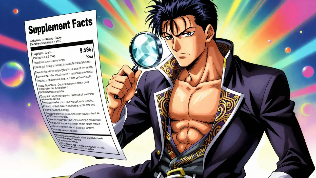 A fashionably dressed anime character examining a supplement label