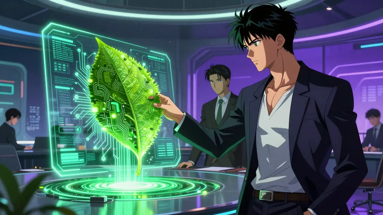 A futuristic AI interface analyzing a digital green leaf in a high-tech boardroom.