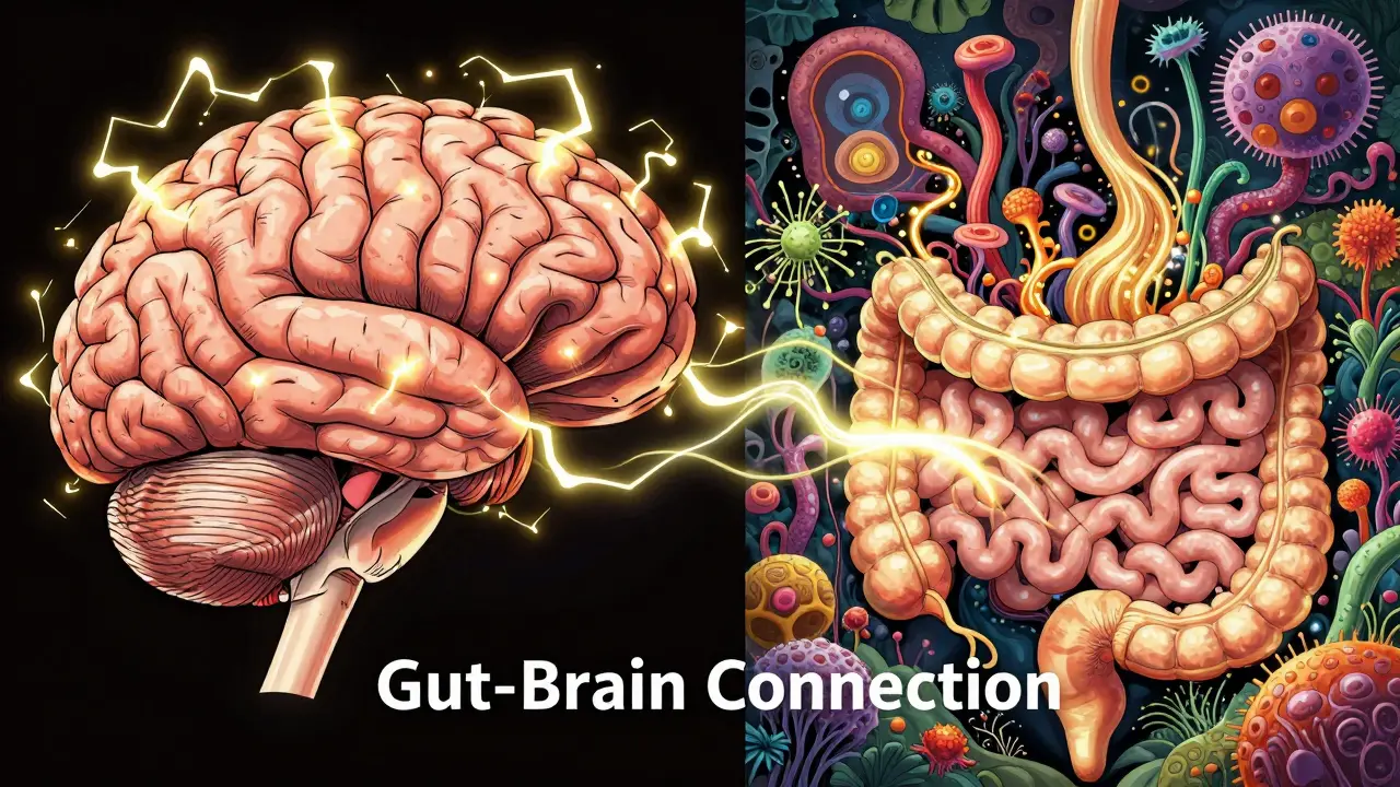 A stylized depiction of the nervous system connecting the brain and gut microbiome in anime style.