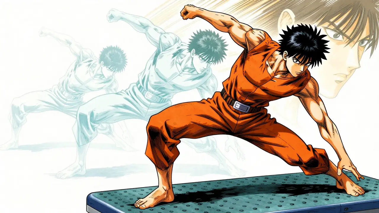 An anime character performing balance exercises with ghost-like motion trails for rehabilitation.