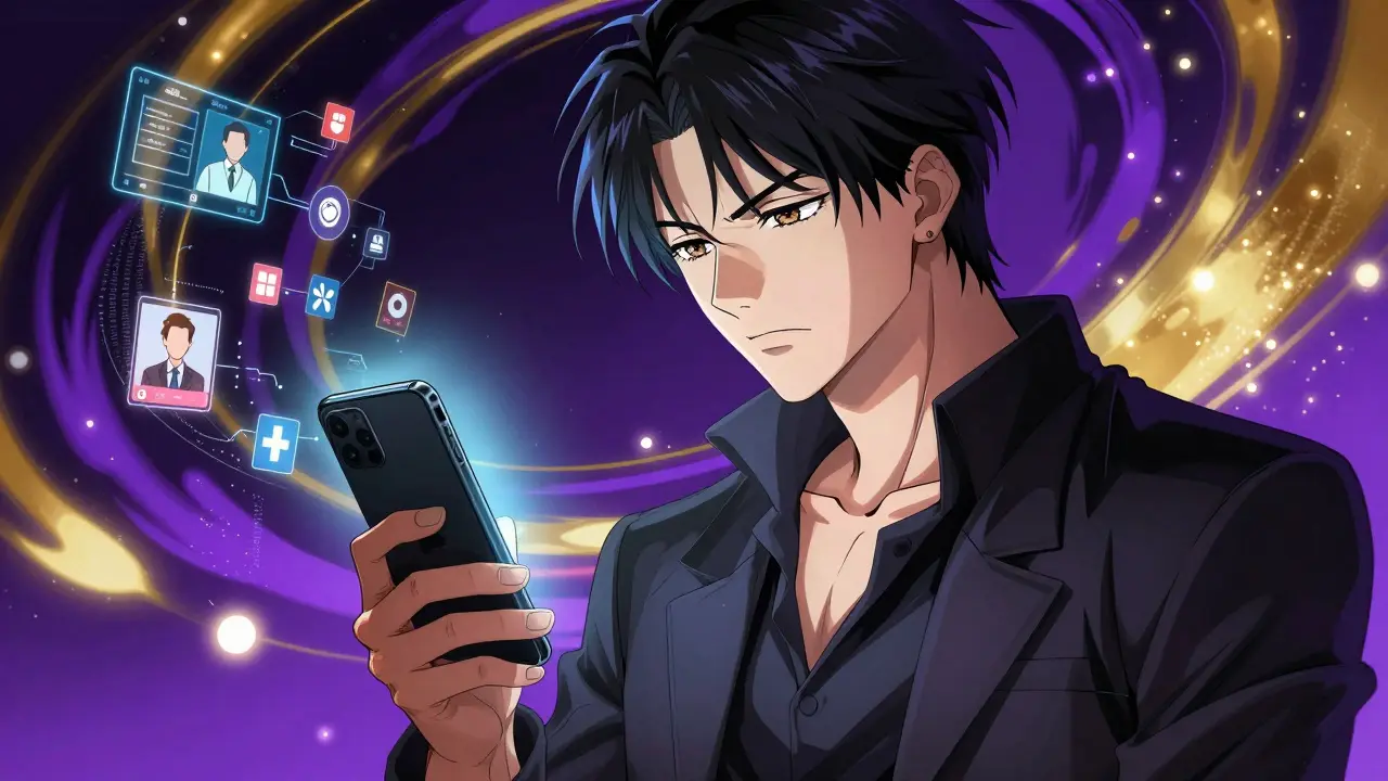 Anime character in a dramatic pose using a smartphone for a medical consultation