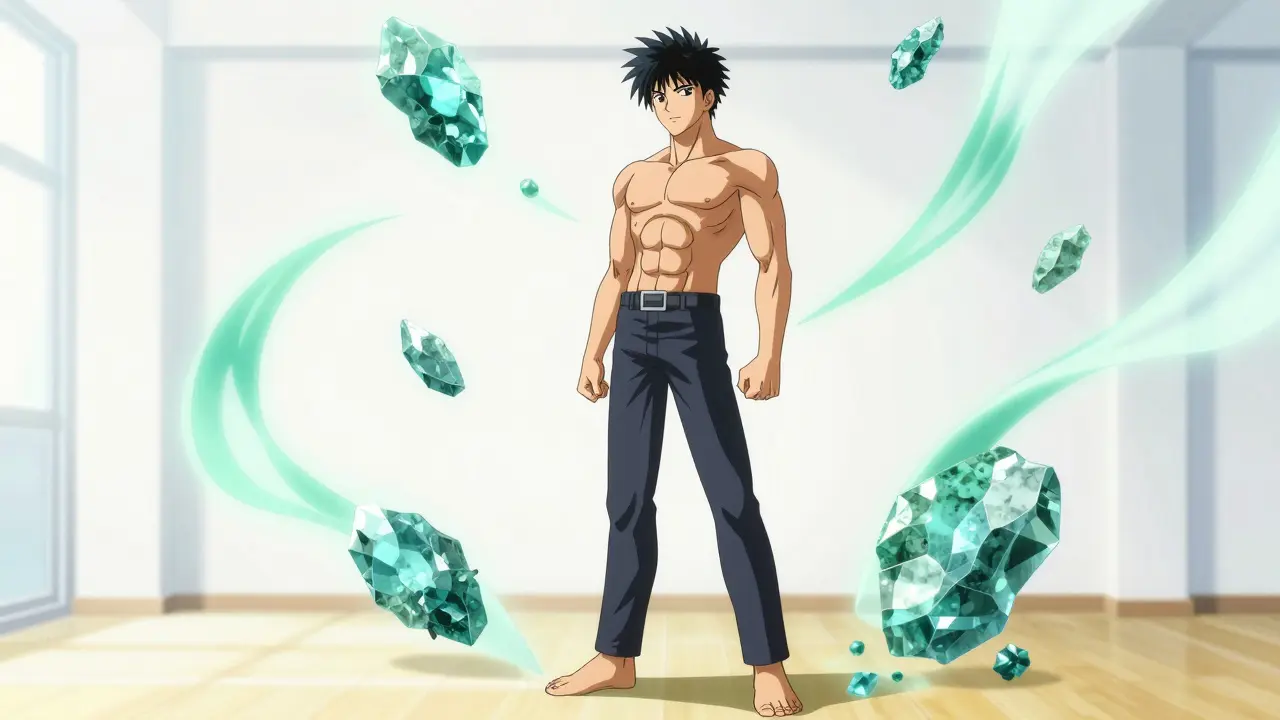 Anime style character posing confidently surrounded by green ribbons and minerals, symbolizing RLS recovery.