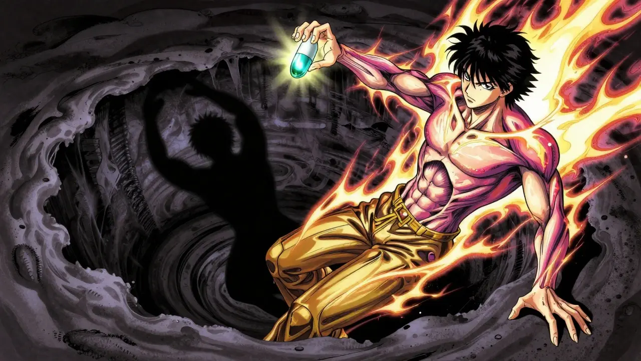 Anime style character trapped in a swirling dark pit while holding a glowing pill, symbolizing drug augmentation.