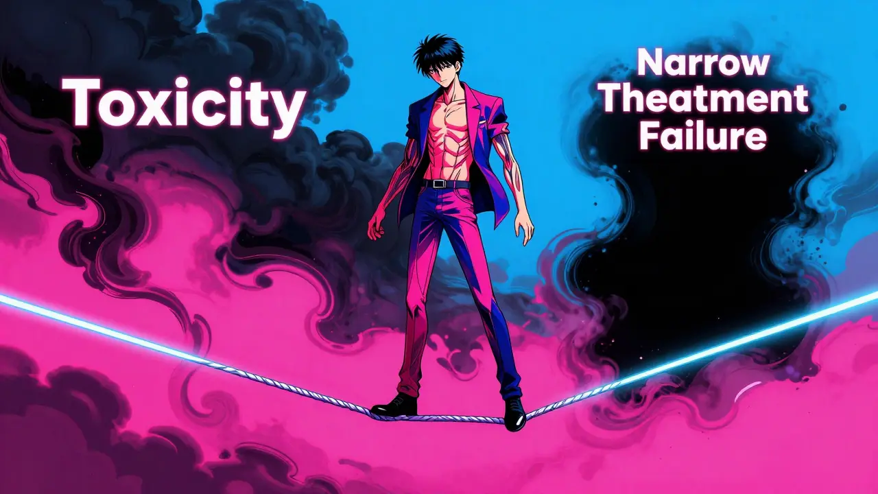 Conceptual depiction of a figure balancing on a thin line between toxicity and failure