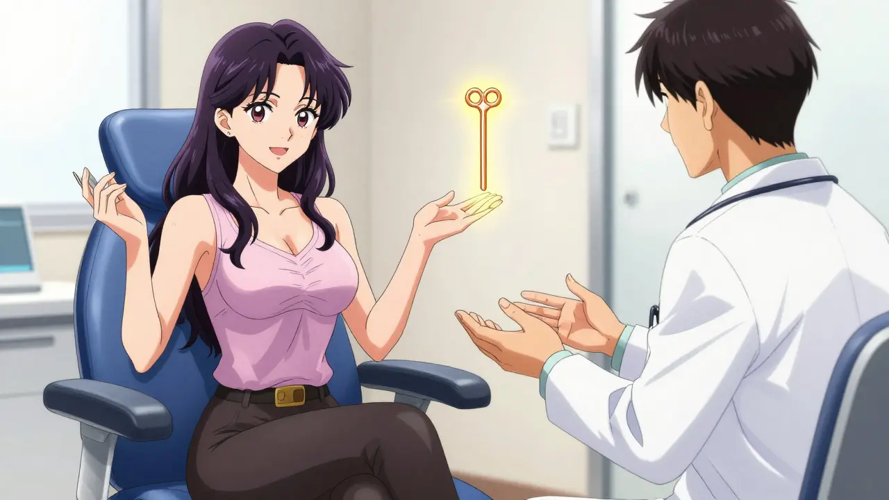 Confident woman discussing IUD options with a doctor in a bold anime art style.