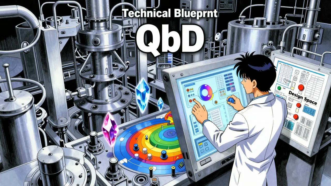 Detailed pharmaceutical lab with glowing 3D design spaces and technical control panels