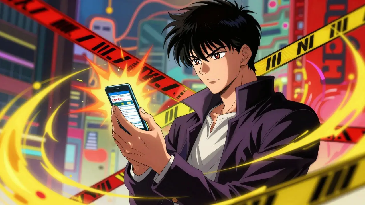 Determined character checking a smartphone for pharmacy safety and legitimacy.
