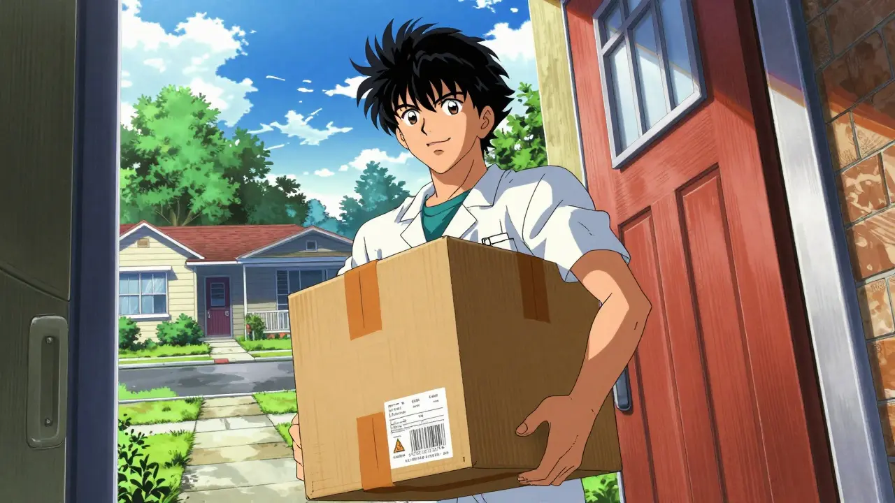 Stylized anime illustration of a medication delivery package on a doorstep