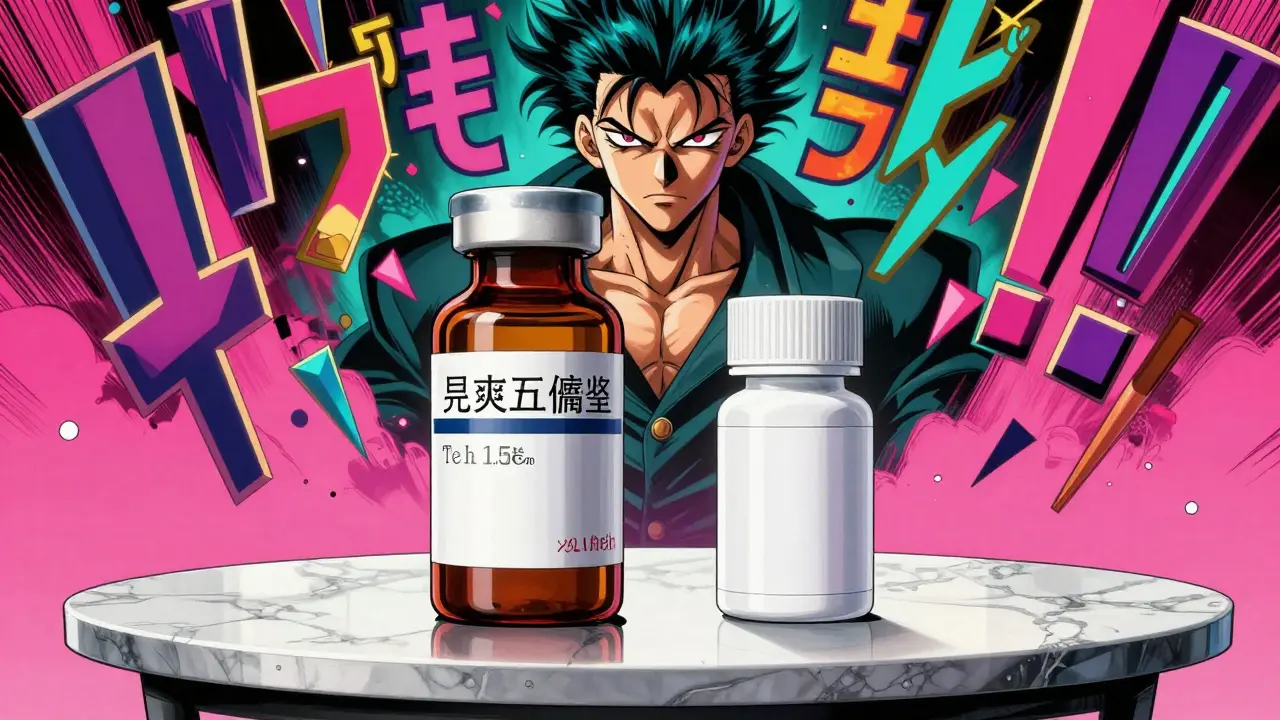 Stylized comparison of brand name and generic medicine bottles in a bold art style.