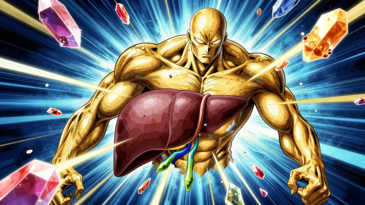 Stylized depiction of an enzyme being blocked by drug crystals in a colorful manga style.