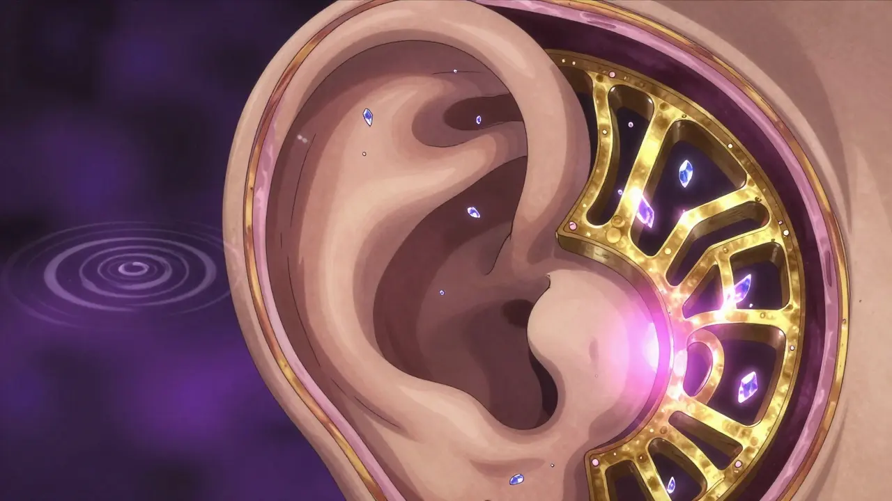 Stylized inner ear canals with glowing calcium crystals as gemstones in a surreal manga layout.