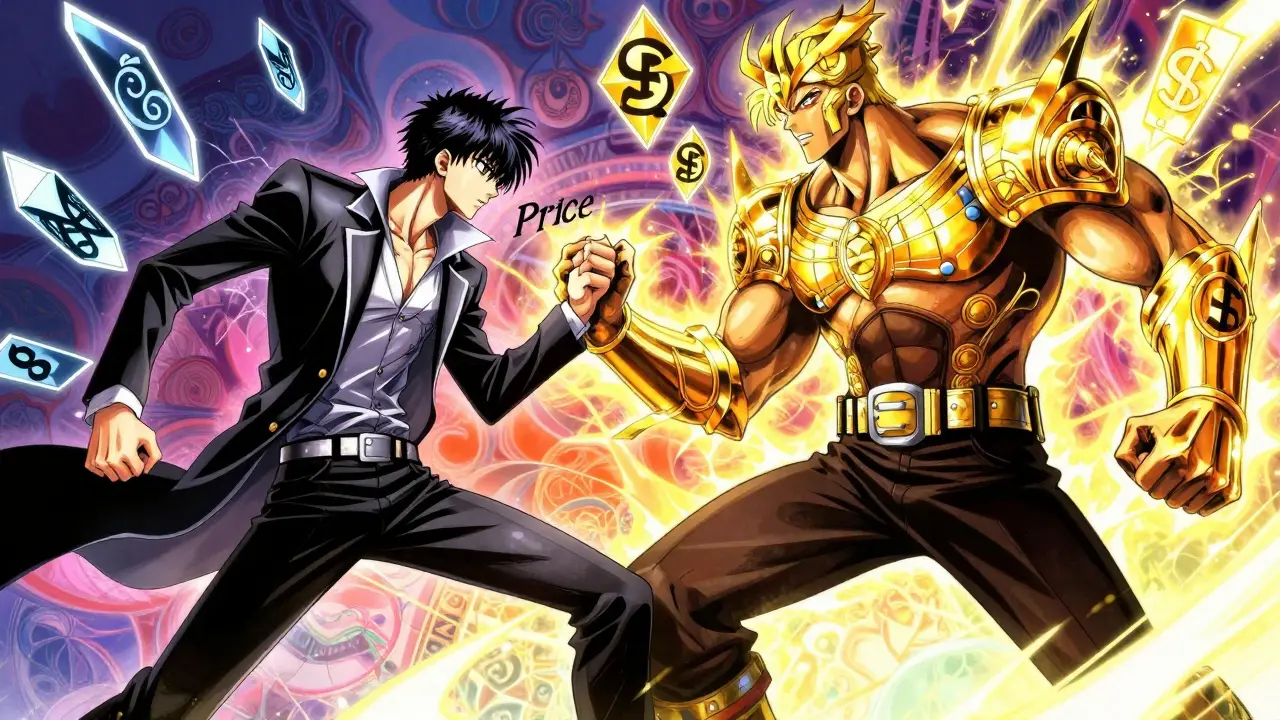 Two stylized figures representing Price and Quality facing off in a dramatic battle.